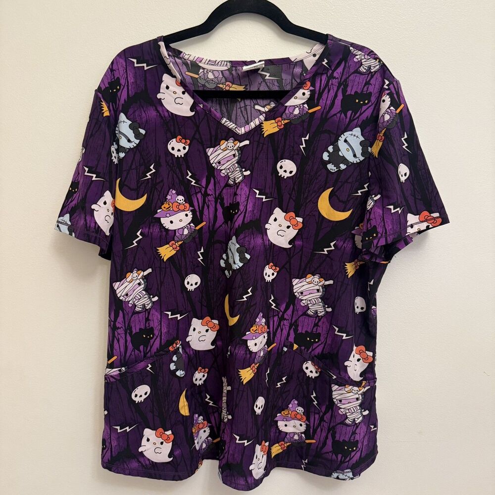 Hello Kitty Halloween Purple Medical Scrub Top Size XL Witch Mummy Ghost Nurse